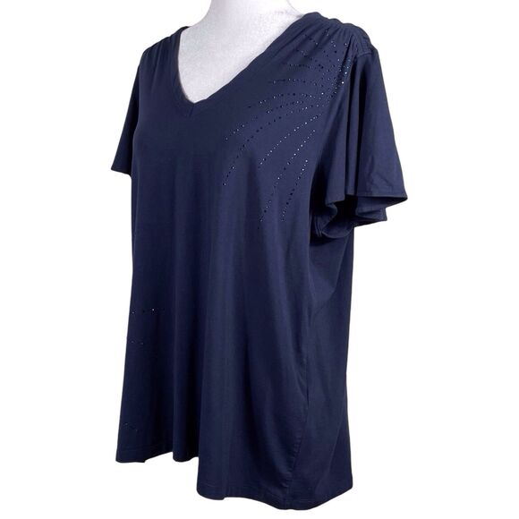 Chico’s Touch of Cool Navy V-Neck Flutter Sleeve Embellished Top Size 3 (XL) - Picture 11 of 16